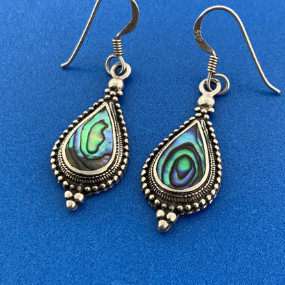 Beautiful 925 Sterling Silver Abalone Pear Shaped Balinese Style Dangle Earrings