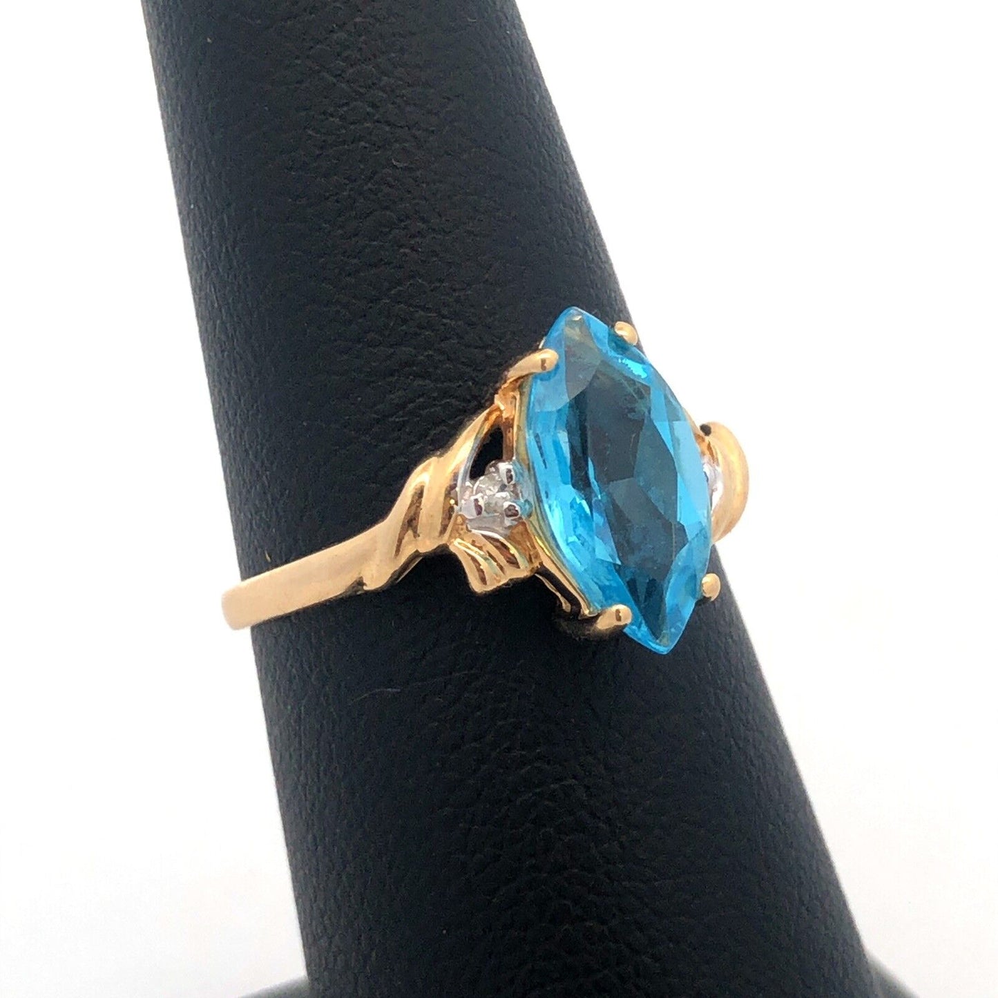 14K Yellow Gold Marquise Blue Topaz Diamond Anniversary Cocktail Statement Ring