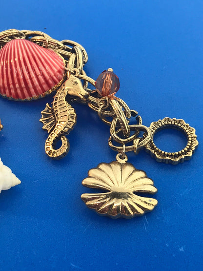 Retro Gold Tone Seashore Ocean Beach Sea Horse Theme Beads Toggle Charm Bracelet