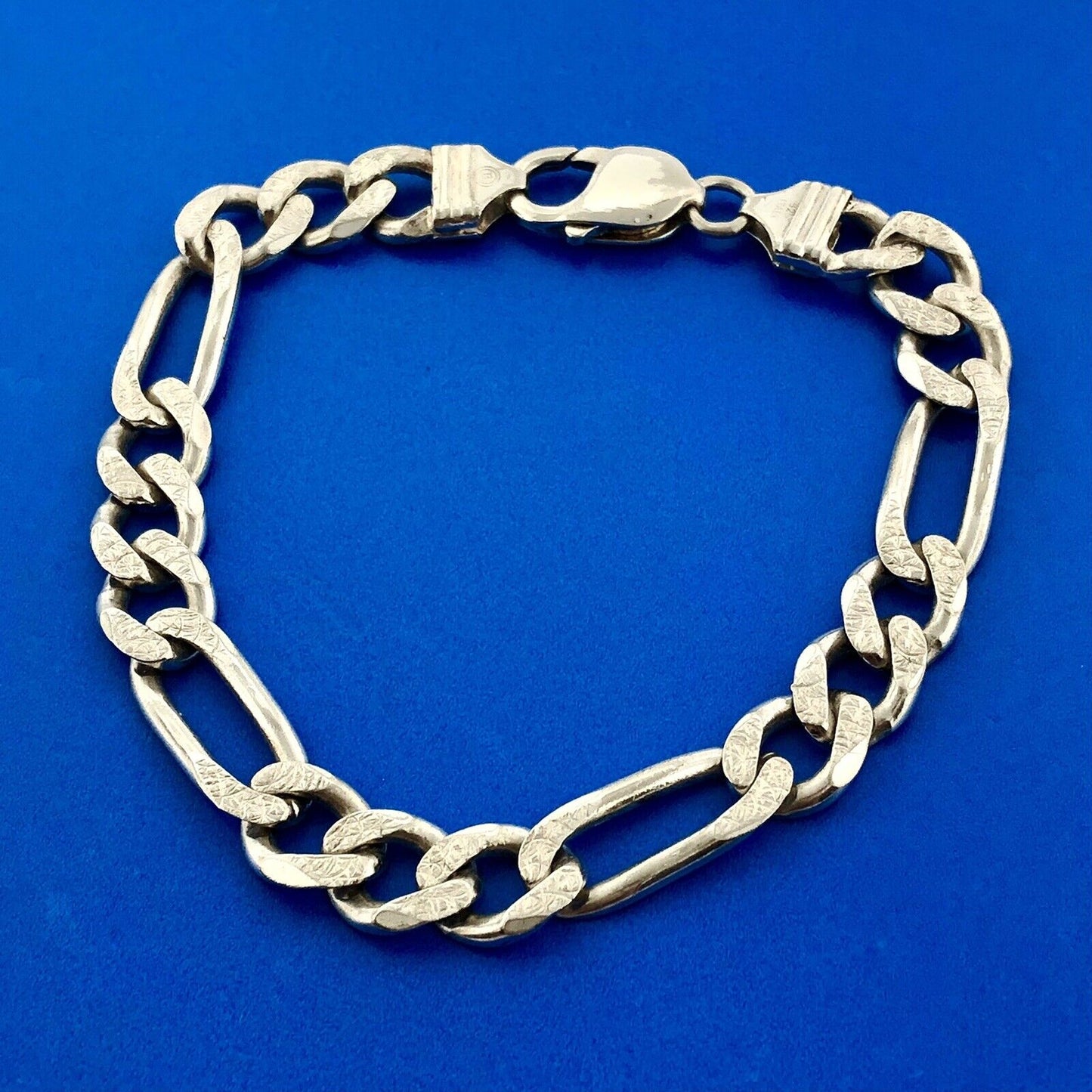 Retro 925 Sterling Silver Polished Florentine Textured Figaro Link Bracelet