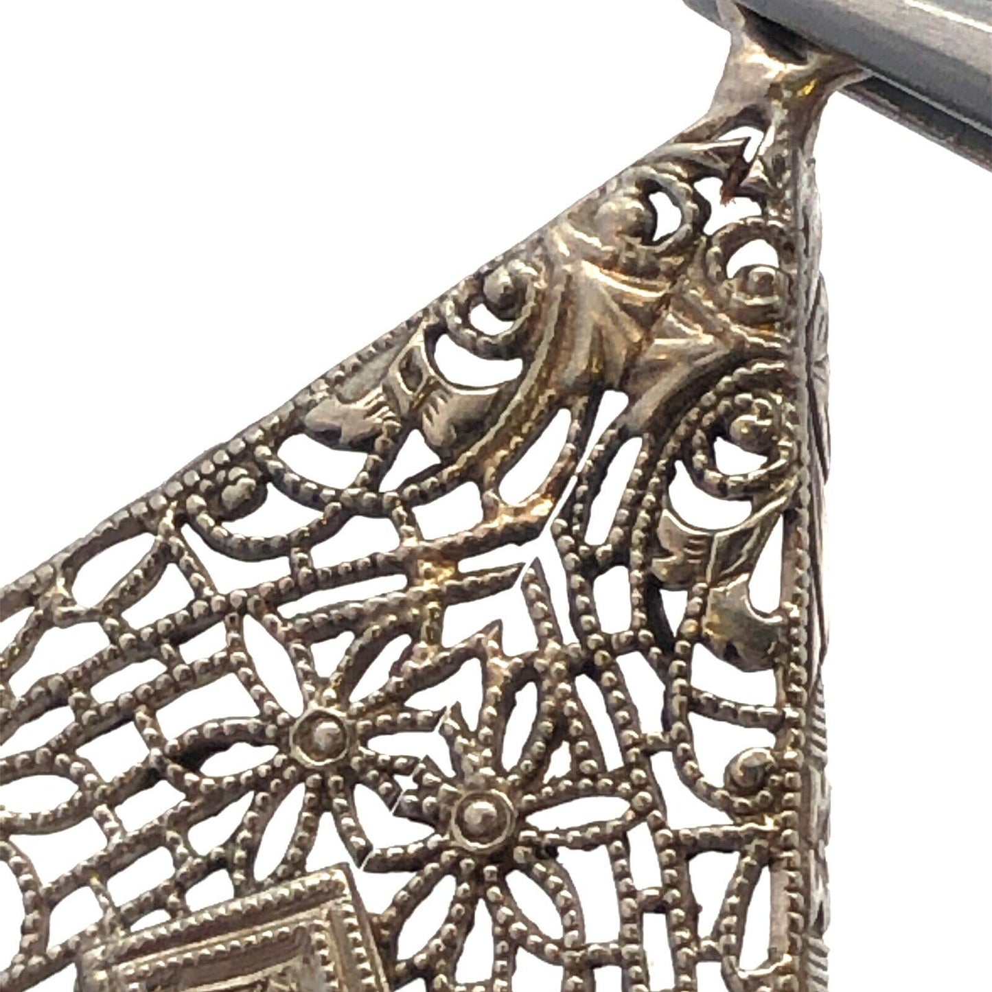 Vintage 14K White Gold Round Diamond Filigree Triangle Statement Pendant