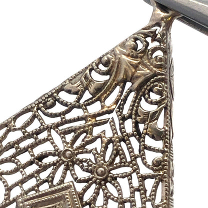Vintage 14K White Gold Round Diamond Filigree Triangle Statement Pendant