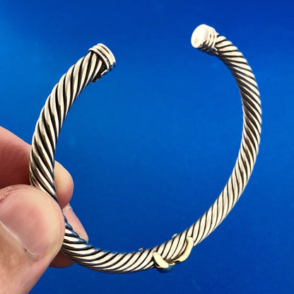 David Yurman 925 Sterling Silver 14K Gold Station Single X Cable Cuff Bracelet