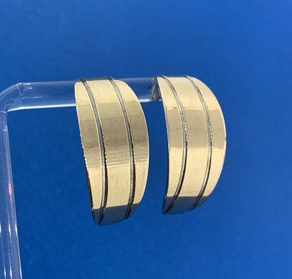 Designer 14K Yellow Gold Sterling Silver Modernist Textured Half Hoop Earrings