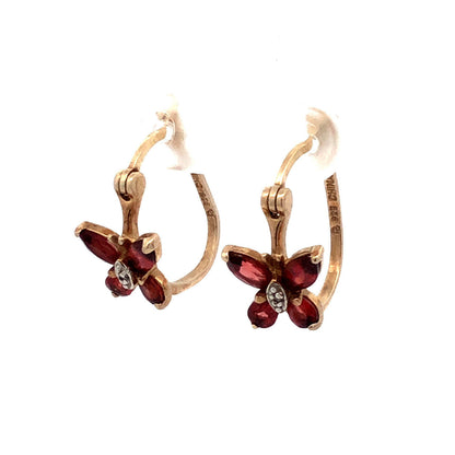 Designer 925 Sterling Silver Vermeil Garnet Diamond Butterfly Hoop Earrings