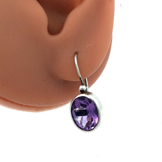 Designer 925 Sterling Silver Oval Purple Amethyst Hook Dangle Earrings