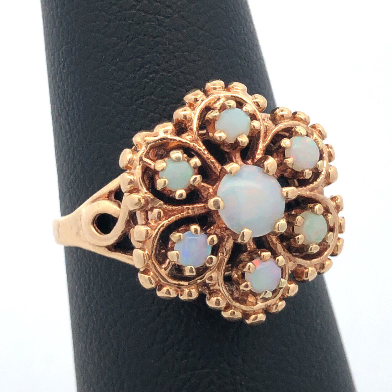 Designer ROMANY 10K Yellow Gold Opal Cabochon Flower Bead Detail Cocktail Ring