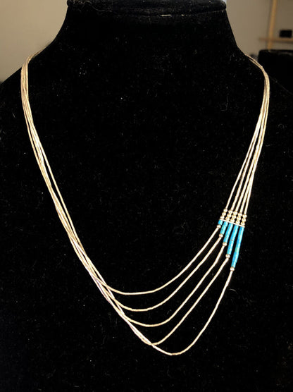Native American 925 Sterling Silver Turquoise Liquid Silver 5 Strand Necklace