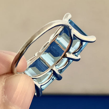 14K White Gold Emerald Cut Swiss Blue Topaz Blue Diamond Accent Size 8 Ring