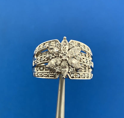 Designer 925 Sterling Silver Cubic Zirconia Floral Cluster Statement Band Ring