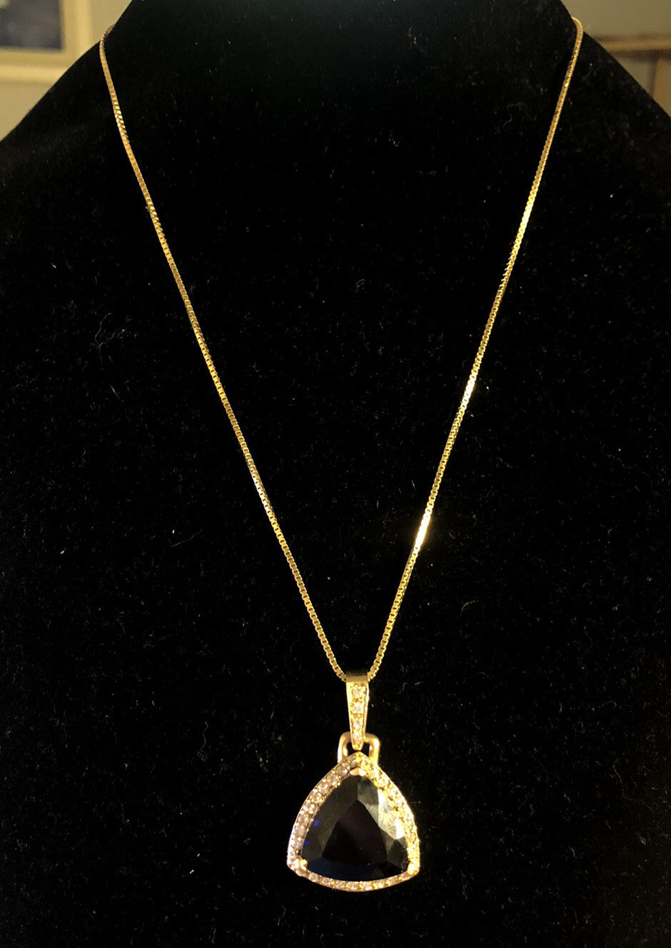 Custom 18K Yellow Gold Large Trillion Cut Lab Created Sapphire Diamond Pendant