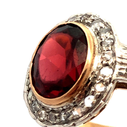 Vintage 18K Yellow Gold Oval Red Garnet Bezel Diamond Halo Cocktail Ring
