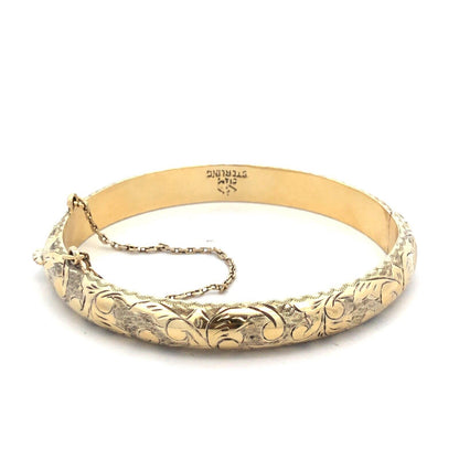 Art Nouveau Siam Sterling Silver Vermeil Etched Scroll Hinged Bangle Bracelet
