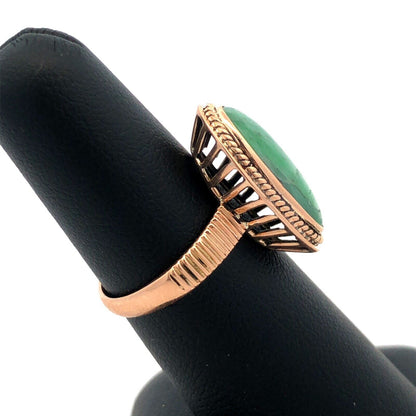 Vintage 14K Yellow Gold Oval Green Jade Bezel Solitaire Textured Statement Ring