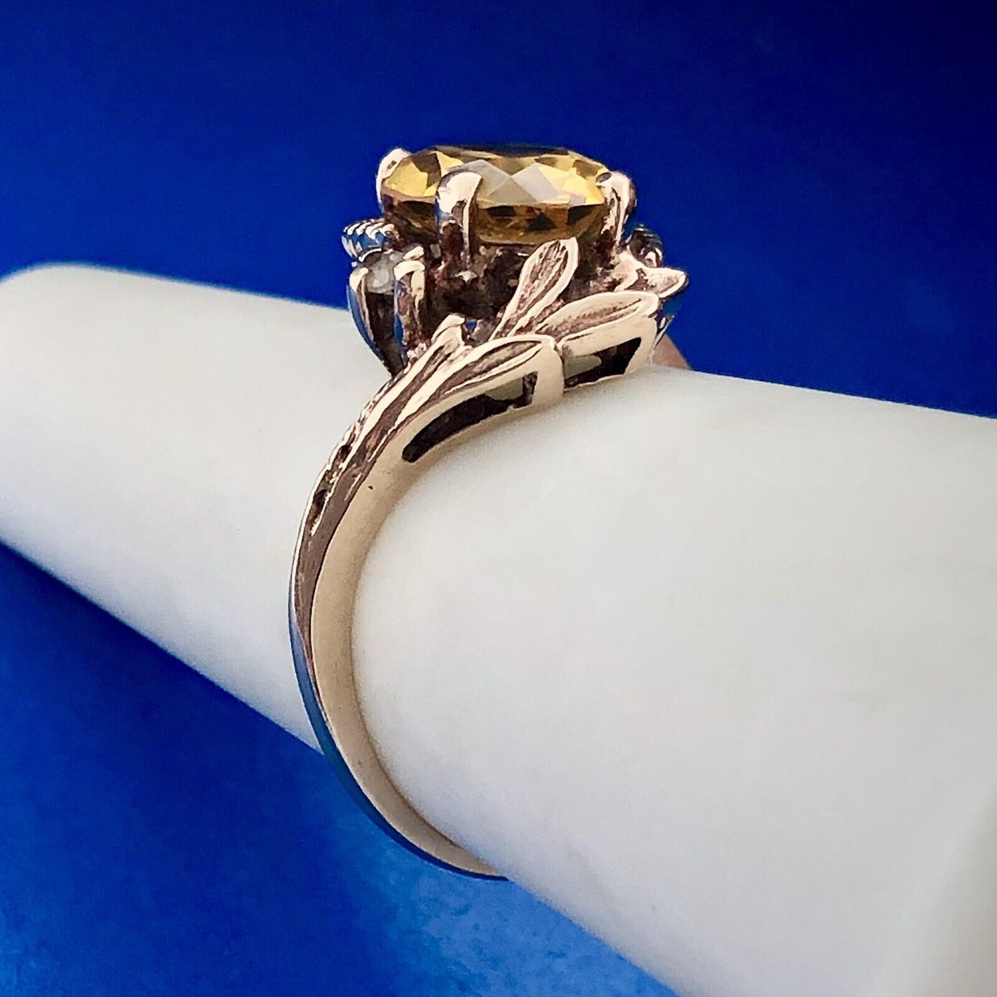 Retro TCI 10K Yellow Gold Oval Citrine Diamond Accent November Anniversary Ring