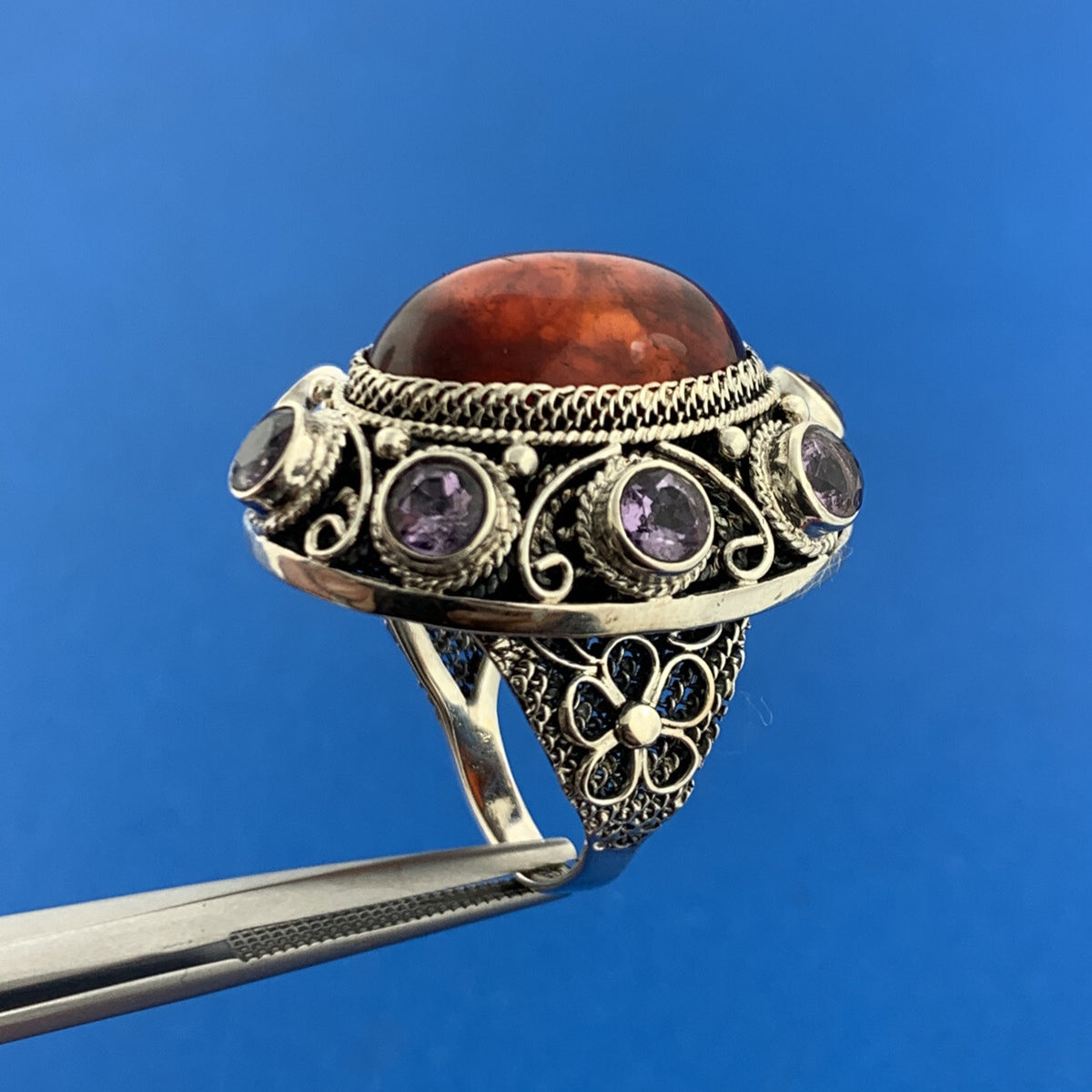 Designer 925 Sterling Silver Amber Cabochon Amethyst Accented Statement Ring