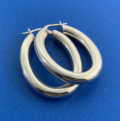 Designer Italy 925 Sterling Silver Large Polished Tubular Oval Hoop Earrings