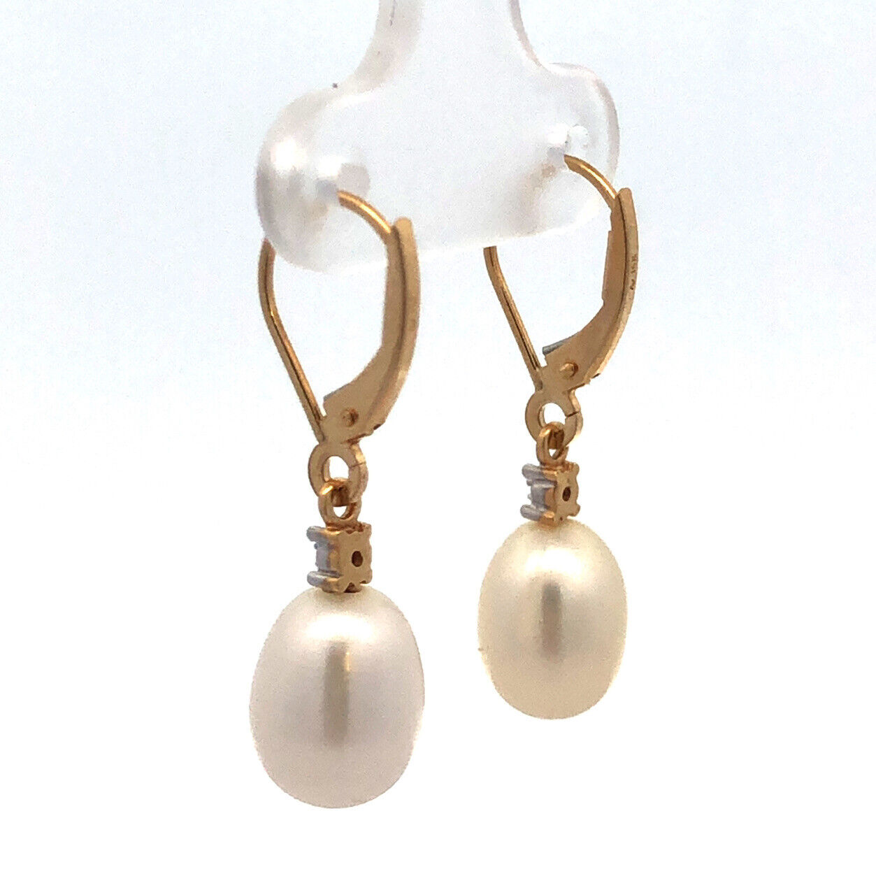 Designer 14K Yellow Gold Diamond Accent Pearl Dangle Lever Back Earrings