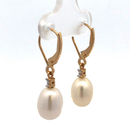 Designer 14K Yellow Gold Diamond Accent Pearl Dangle Lever Back Earrings