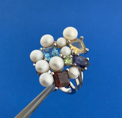 Designer Sterling Silver Mixed Gemstone Pearl Statement Modernist Cocktail Ring