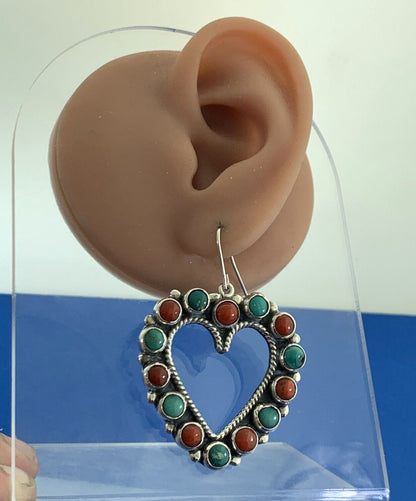 Artisan Leo Feeney Sterling Silver Turquoise Coral Open Heart Dangle Earrings