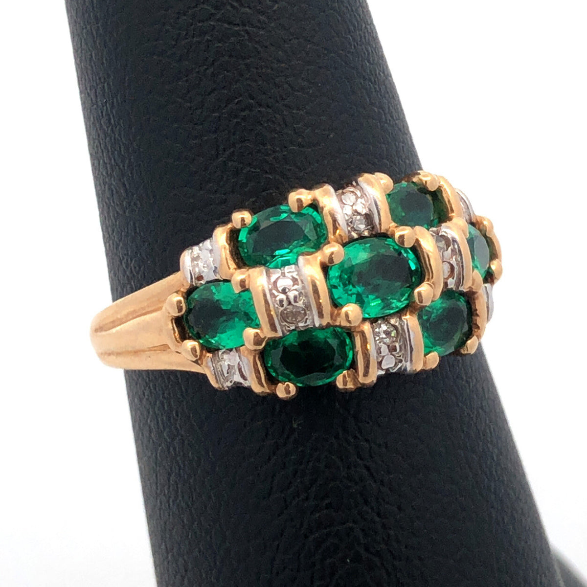 Designer 14K Yellow Gold Oval Emerald Diamond Accented Dome Cocktail Ring