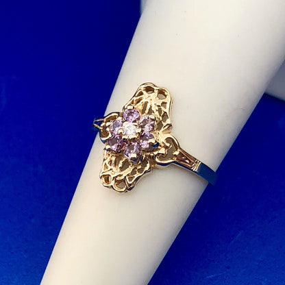 Exquisite Art Deco 10K Yellow Gold Diamond Amethyst Floral February Ring