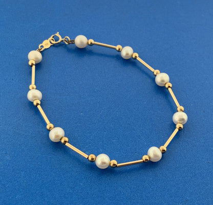 14K Yellow Gold Pearl & Gold Bead Bar June Wedding Anniversary Bracelet
