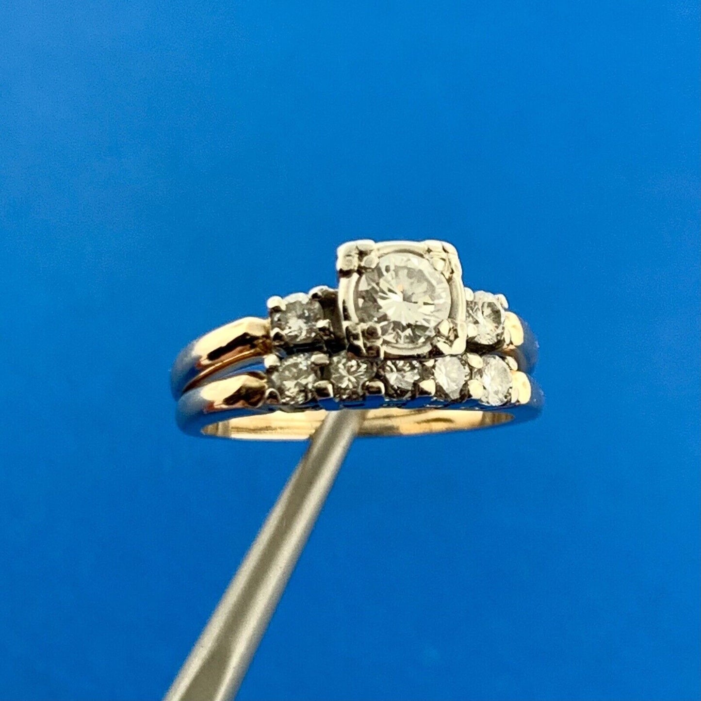 Vintage 14k Yellow Gold Round Cut Diamond Wedding Band Set Ring Size 4.75