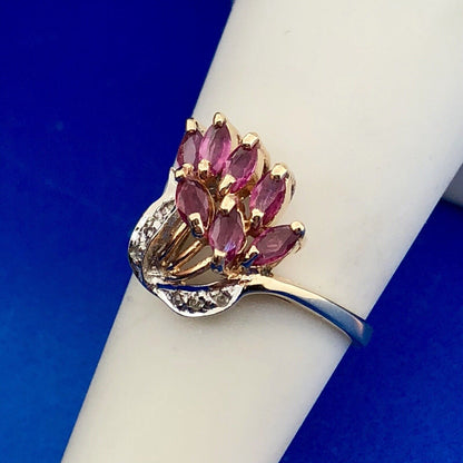 Vintage Designer THL 10K Yellow Gold Pink Spinel Diamond Cluster Cocktail Ring