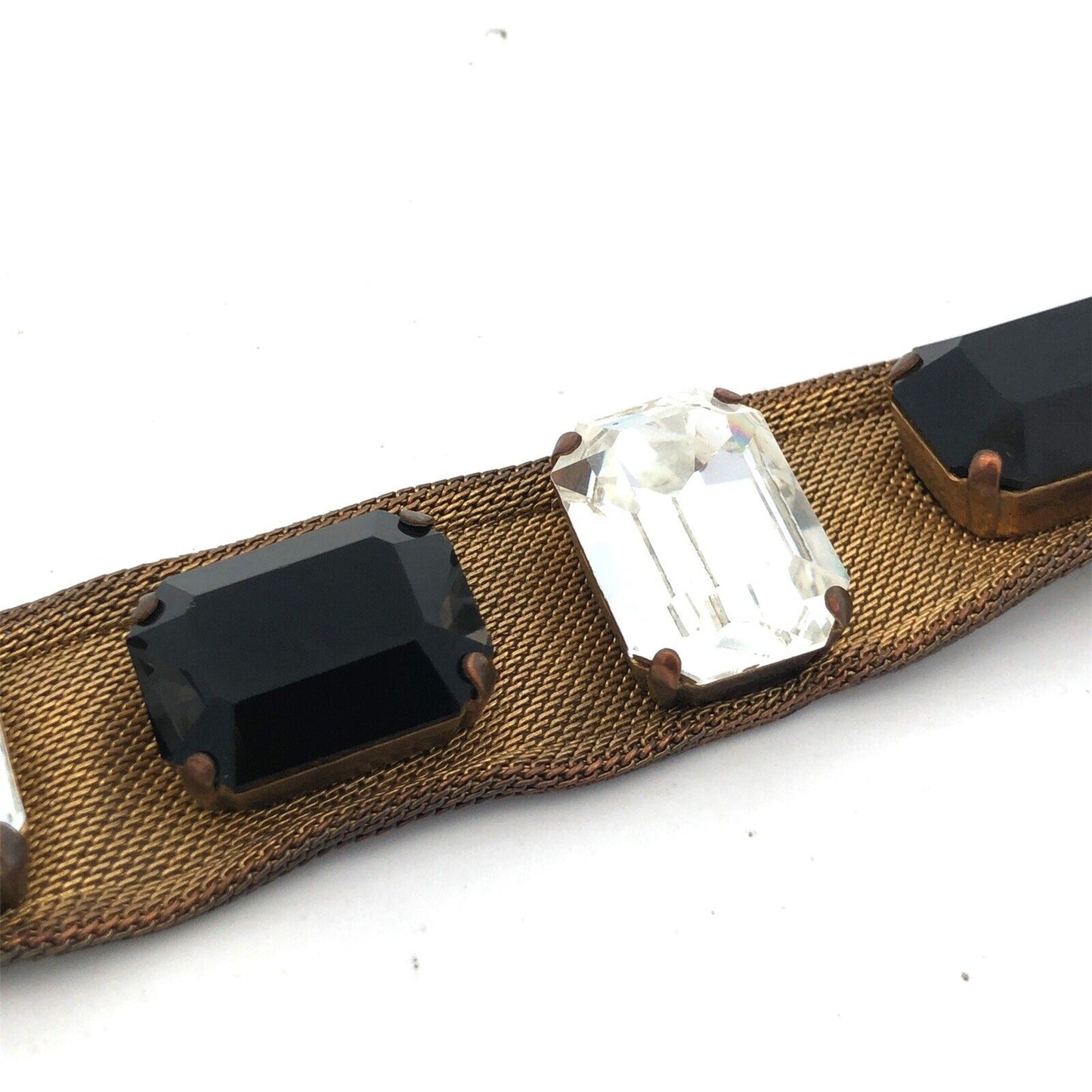 Victorian Gold Tone Mesh Faceted Black White Glass Statement Choker Necklace