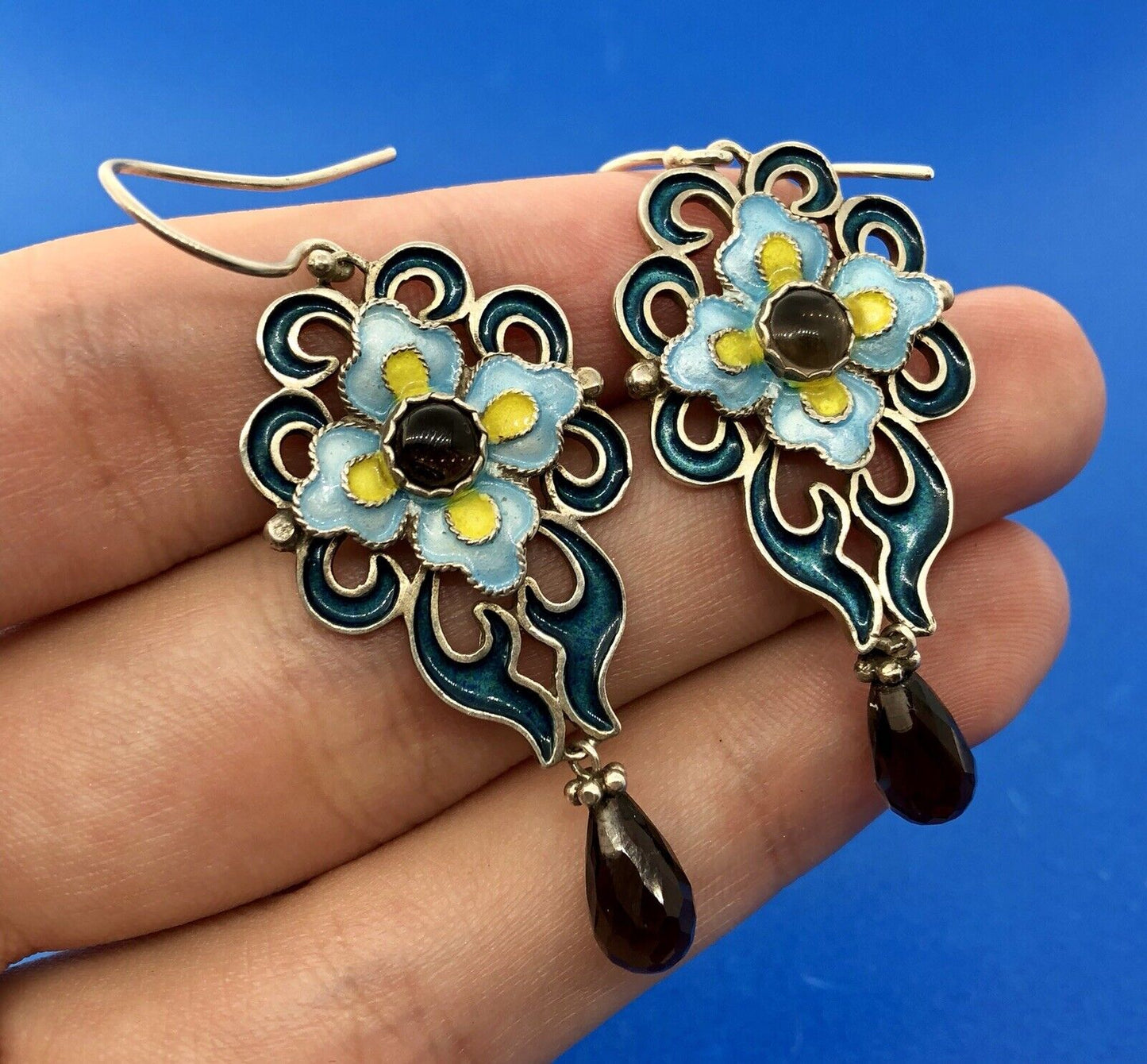 Designer BJ Sterling Silver 925 Smoky Topaz Enamel Floral Scroll Dangle Earrings