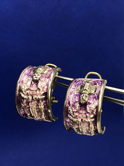 Native Tribal Gods 925 Sterling Silver Purple Enamel Half Hoop Stud Earrings