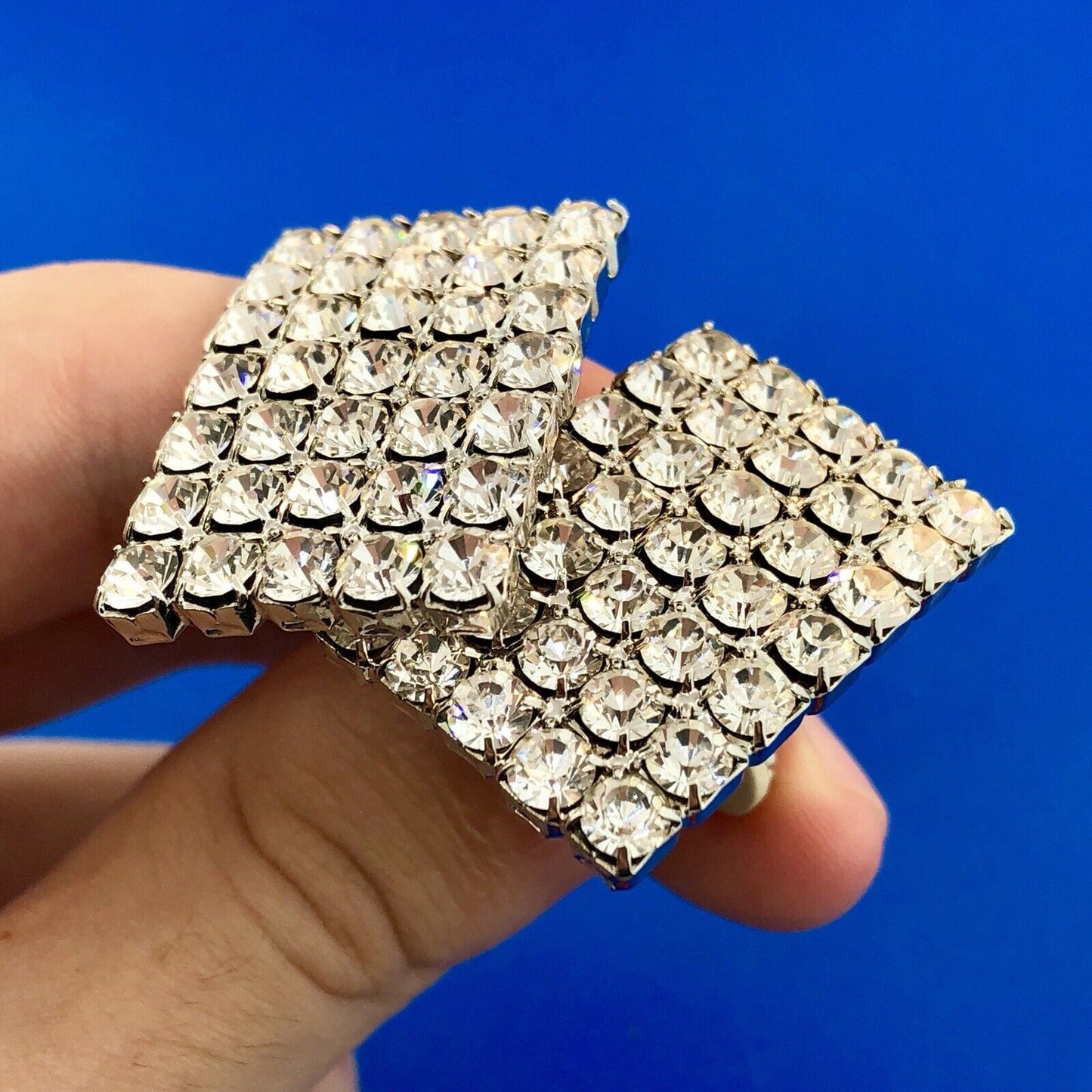 Glitzy Glamorous Silver Tone Crystal Rhinestone Statement Clip On Earrings