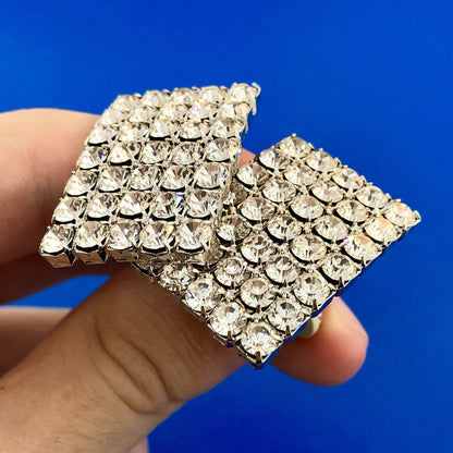 Glitzy Glamorous Silver Tone Crystal Rhinestone Statement Clip On Earrings