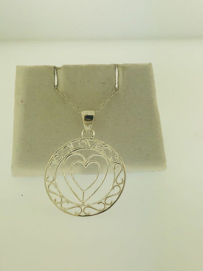Sterling Silver 925 Heart Cutout Love Filigree Sweetheart Disc Pendant Necklace