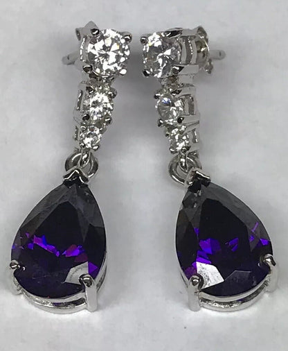 Designer Sterling Silver 925 Purple White Cubic Zirconia Statement Drop Earrings