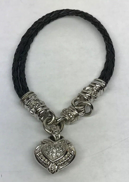 Judith Ripka Sterling Silver 925 Diamonique CZ Heart Charm Leather Bracelet