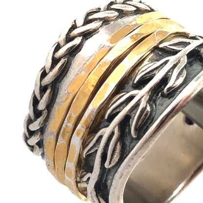 PAZ Creations 925 Sterling Silver Two Tone Amethyst Vine Wide Spinner Band Ring