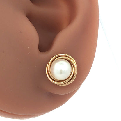 Vintage 14K Yellow Gold Pearl Modernist Bird Nest Stud Earrings