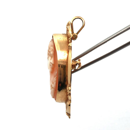 Vintage Designer 14K Yellow Gold Oval Carved Cameo Pendant Brooch