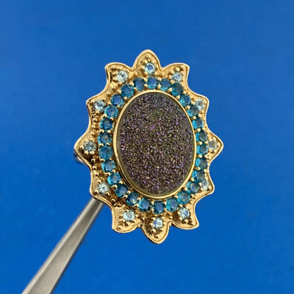 Designer 10K Yellow Gold Drusy Quartz Aquamarine CZ Statement Finger Ring