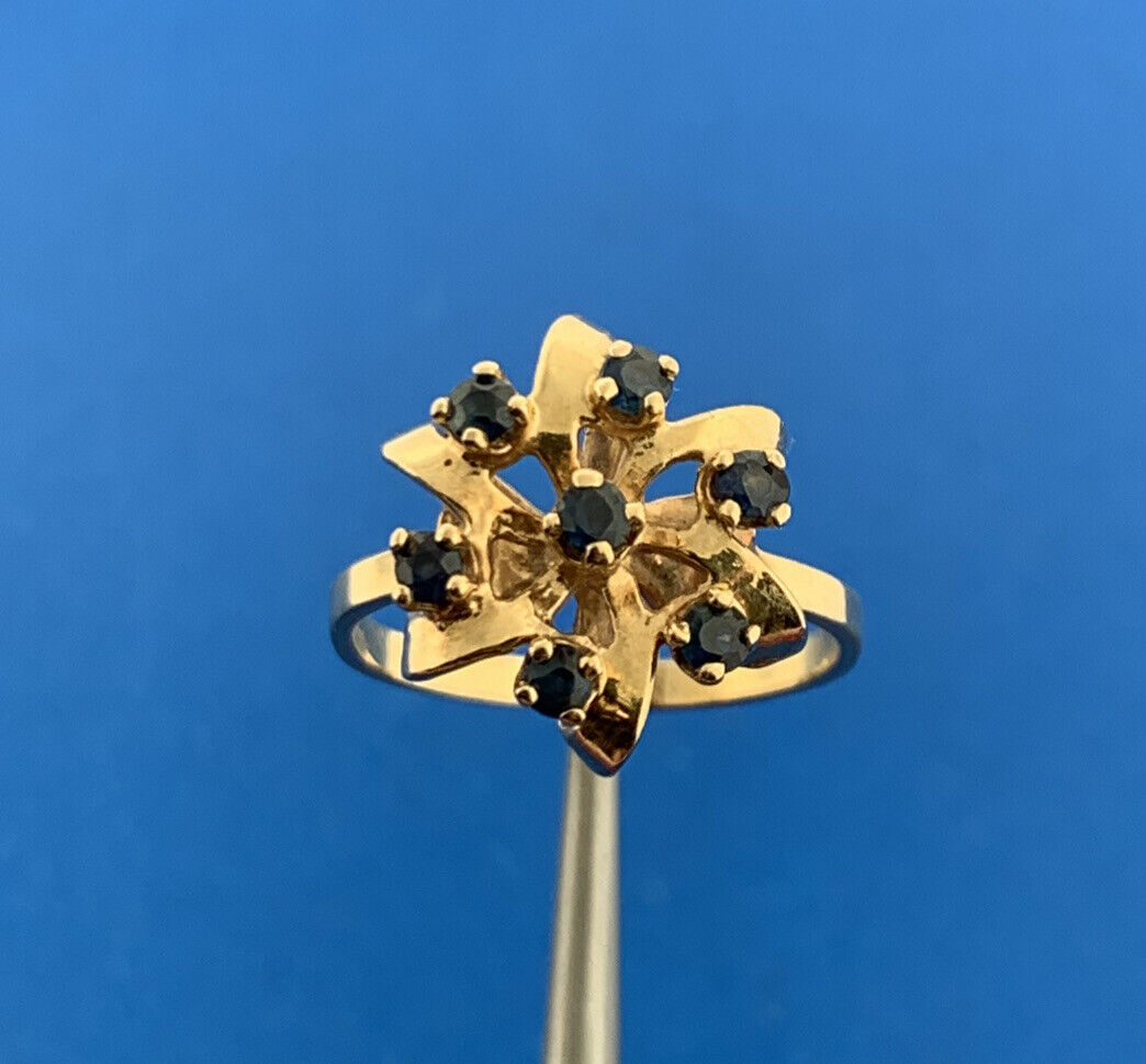 Vintage 14K Yellow Gold London Blue Topaz Starburst December Anniversary Ring