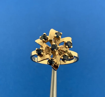 Vintage 14K Yellow Gold London Blue Topaz Starburst December Anniversary Ring