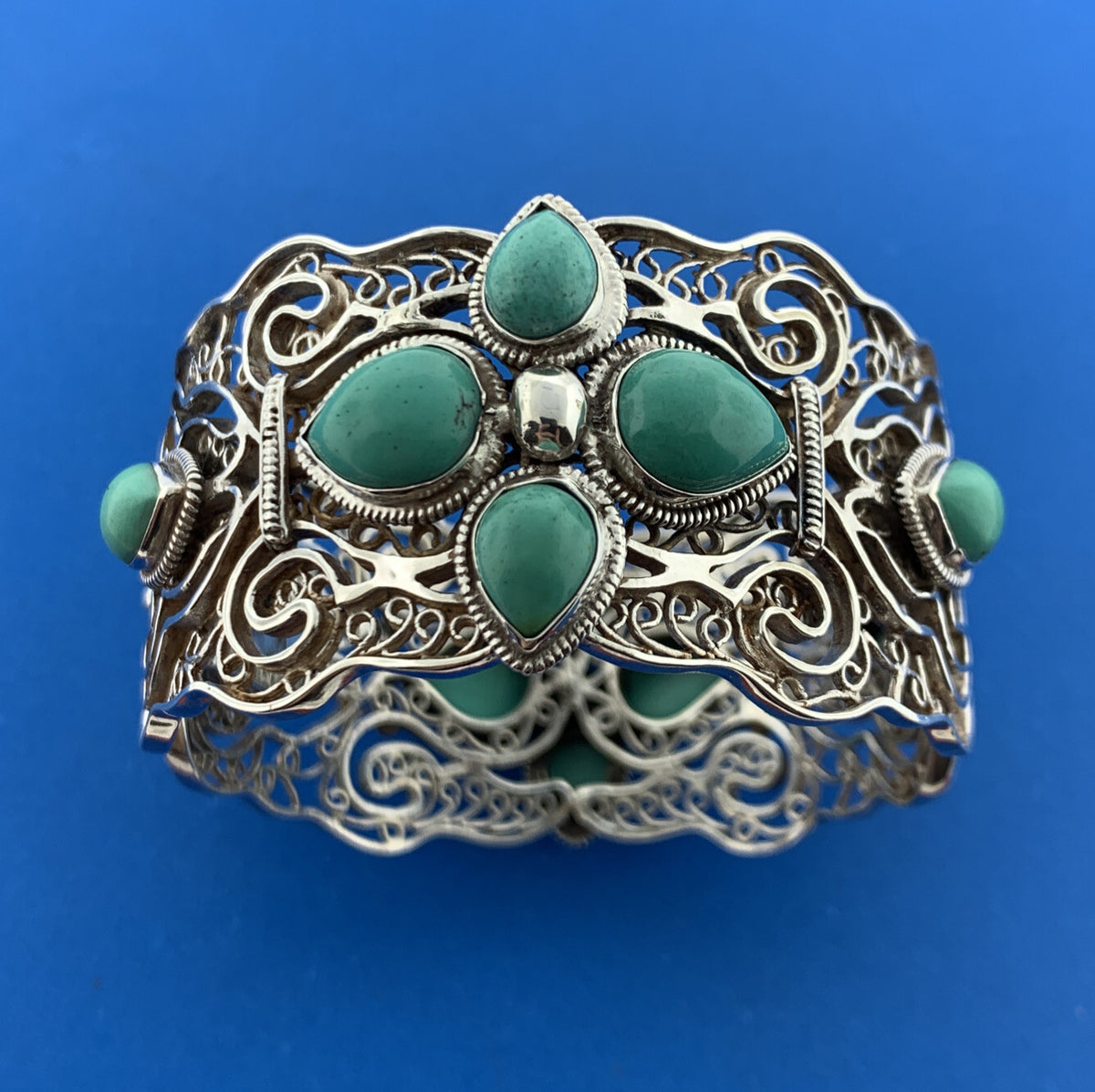 Designer Sterling Silver Turquoise Open Filigree Statement Hinged Cuff Bracelet