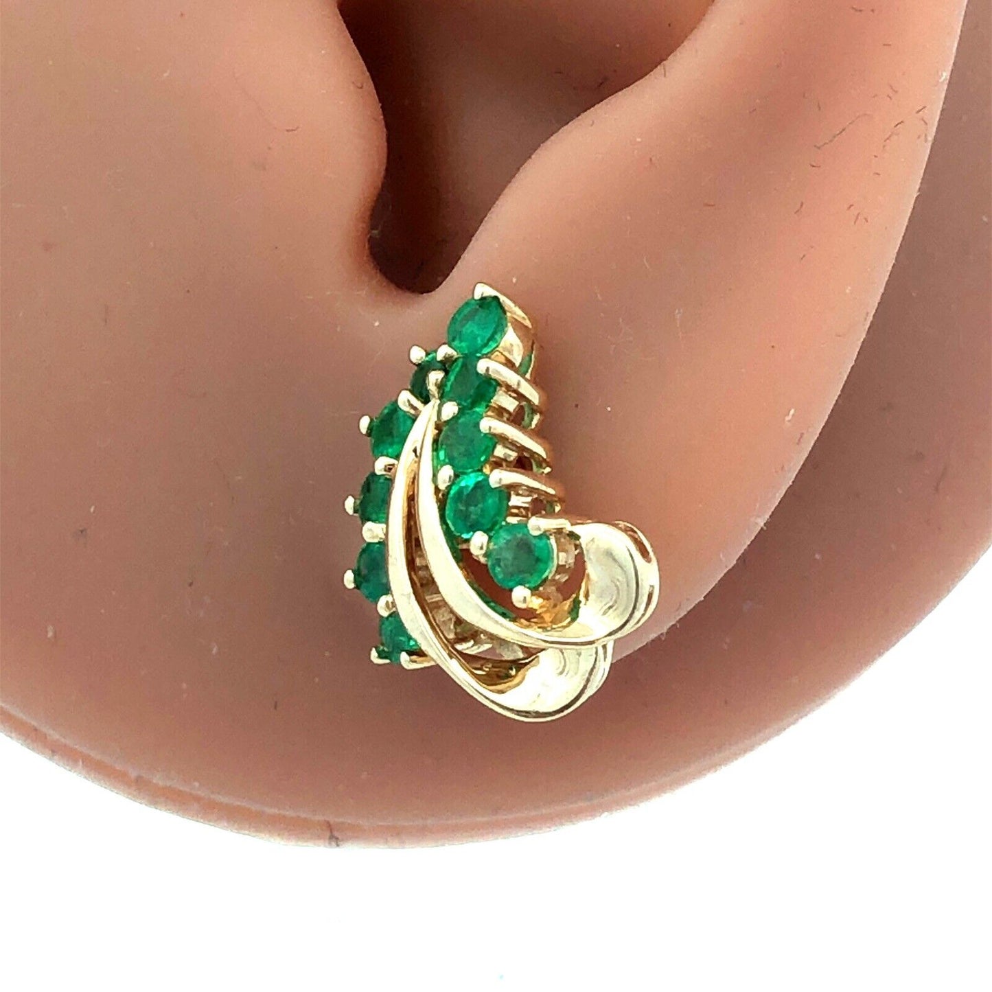 14K Yellow Gold Designer CET Round Green Emerald Leaf Statement Stud Earrings