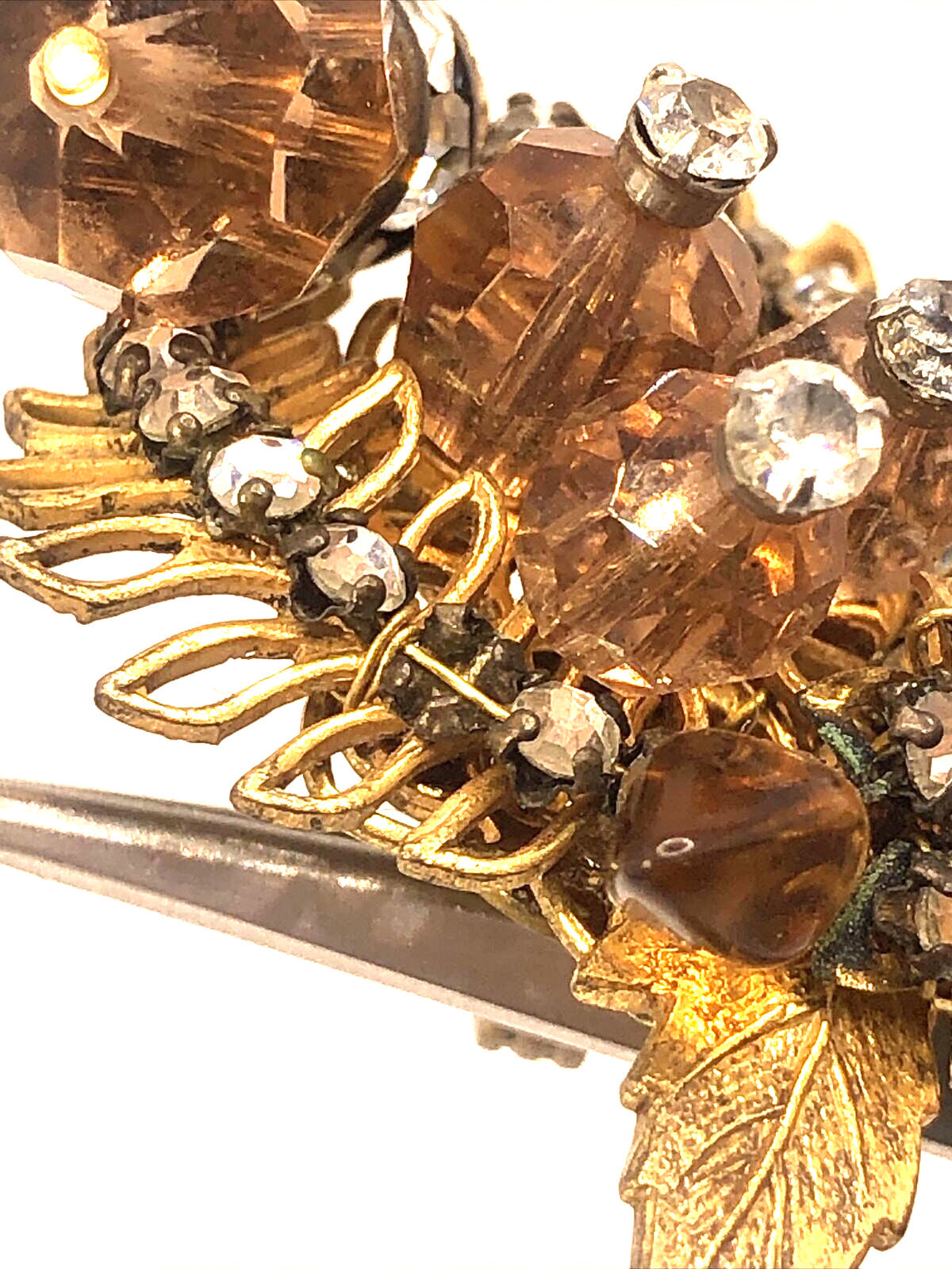 Mid Century Copper Tone Rhinestone Statement Dangle Clip On Stud Earrings
