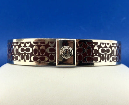 Authentic Coach Silver Tone Burgundy C Signature 1/2" Bangle Cuff Bracelet
