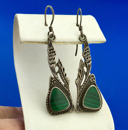 Estate Sterling Silver Malachite Trilliant Feather Wings Motif Dangle Earrings