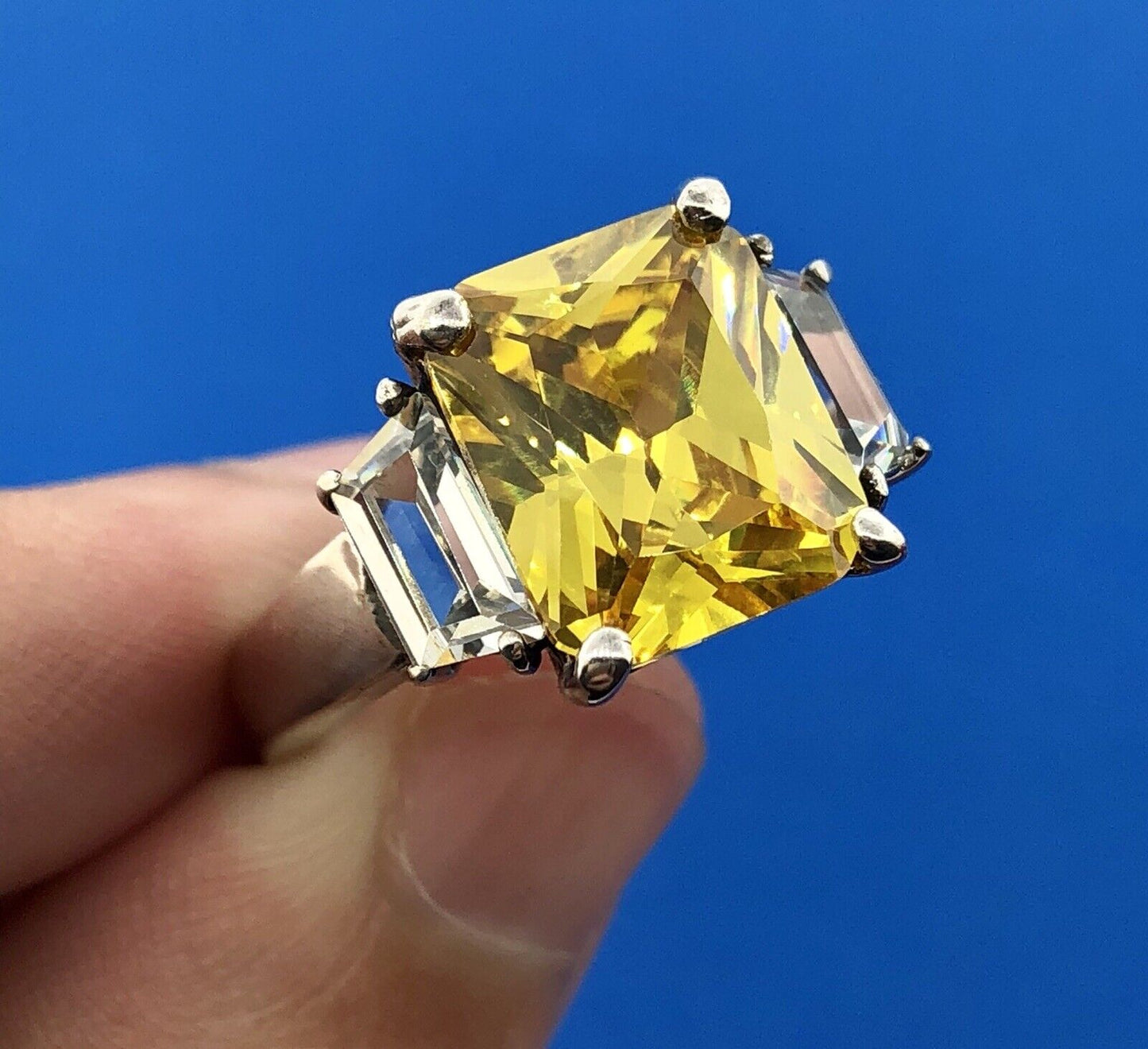 Dramatic Sterling Silver 925 Yellow White CZ Statement Fashion Cocktail Ring
